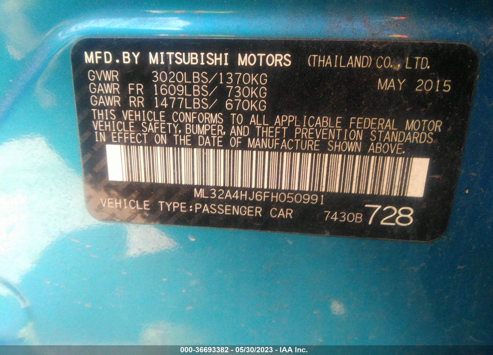 2015 MITSUBISHI MIRAGE RF/ES VIN: ML32A4HJ6FH050991
