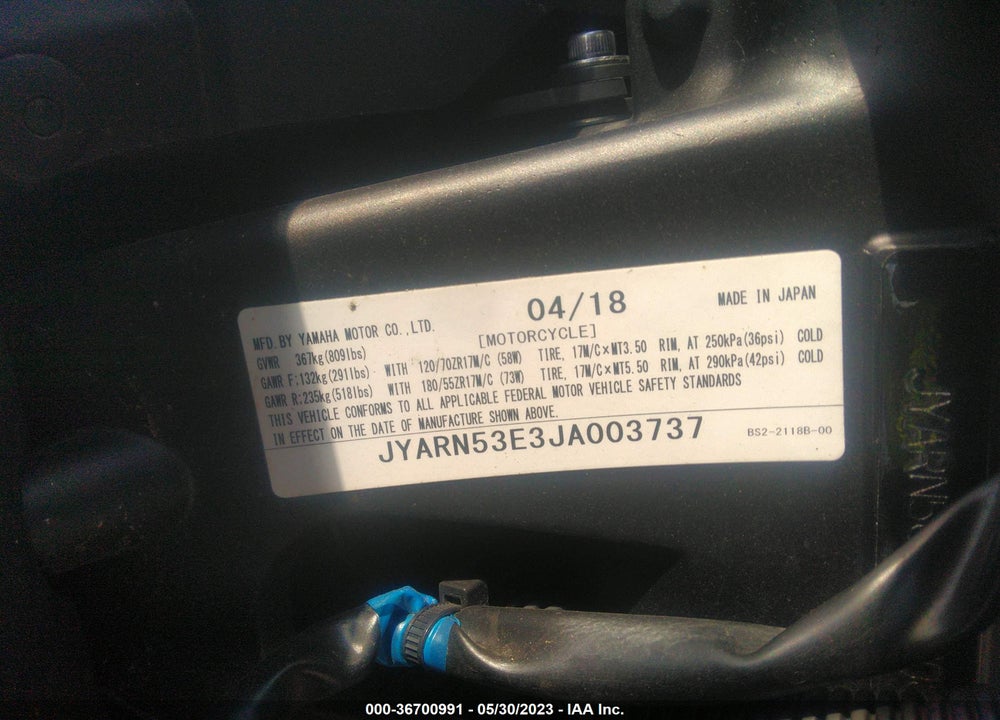 2018 YAMAHA MT09 VIN: JYARN53E3JA003737