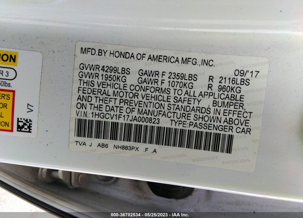 2018 HONDA ACCORD VIN: 1HGCV1F17JA000823