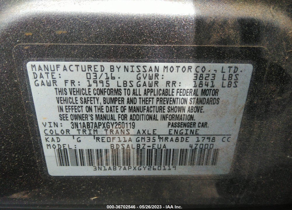 2016 NISSAN SENTRA S VIN: 3N1AB7APXGY260119