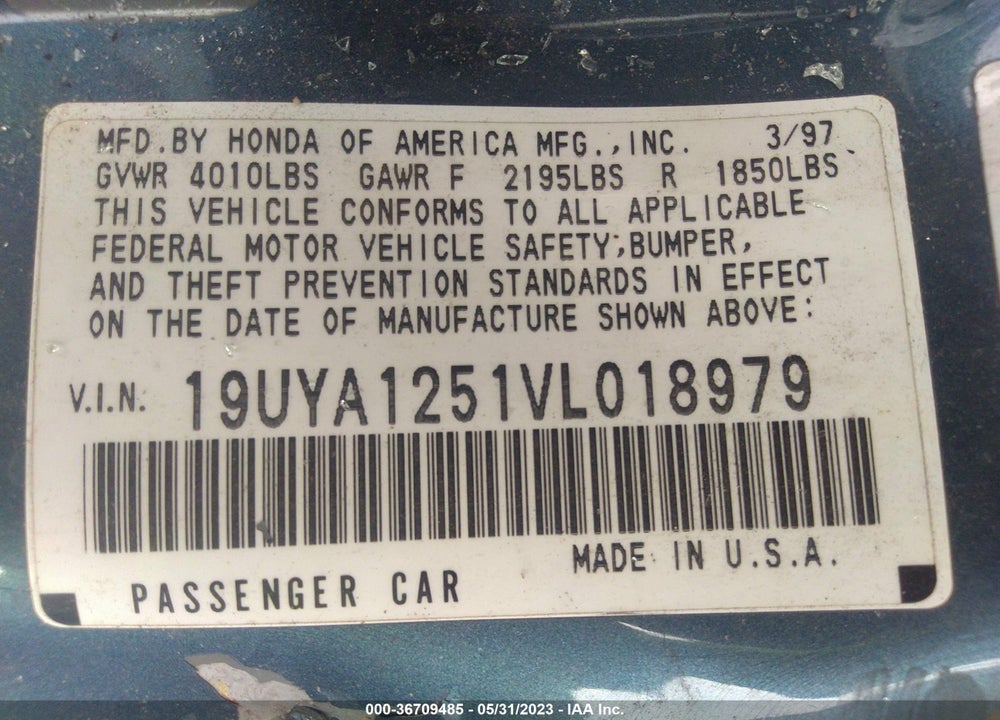 1997 ACURA CL PREMIUM PKG VIN: 19UYA1251VL018979