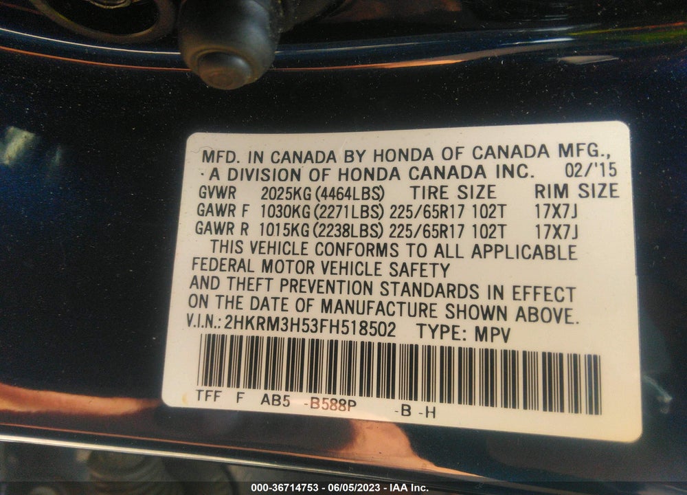 2015 HONDA CR-V EX VIN: 2HKRM3H53FH518502