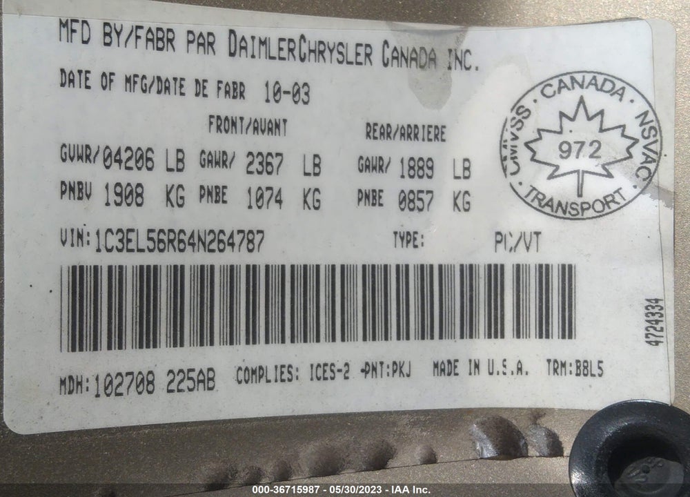 2004 CHRYSLER SEBRING LXI VIN: 1C3EL56R64N264787
