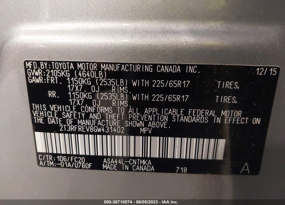 2016 TOYOTA RAV4 XLE VIN: 2T3RFREV8GW431402