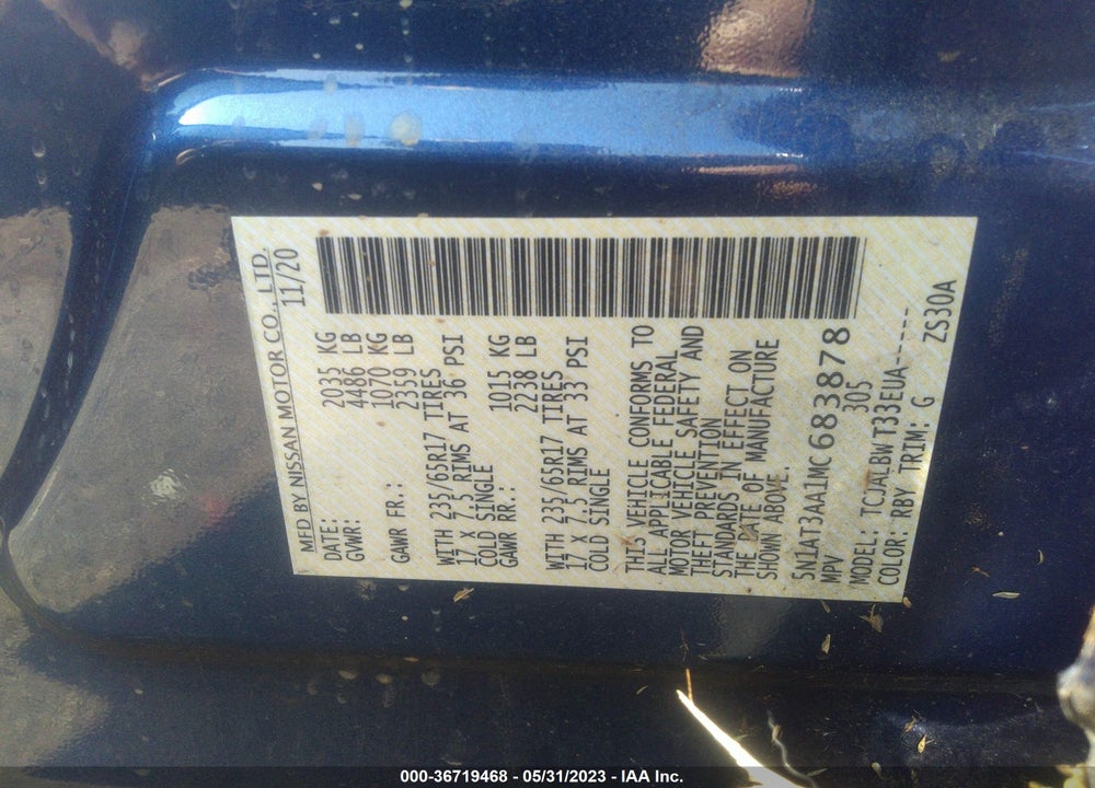2021 NISSAN ROGUE S FWD VIN: 5N1AT3AA1MC683878