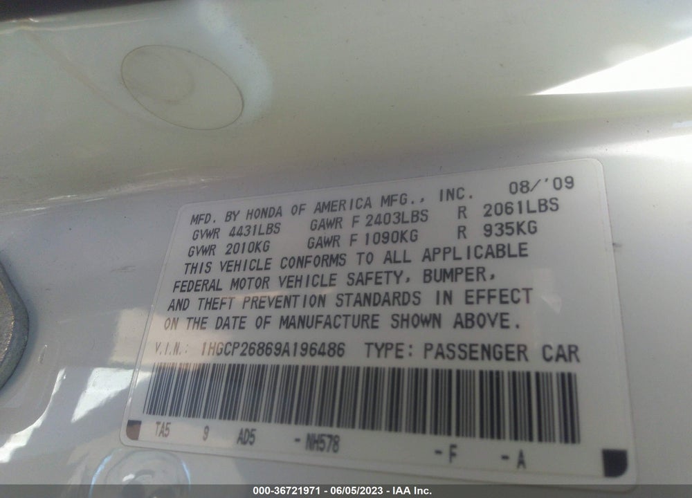 2009 HONDA ACCORD 2.4 EX-L VIN: 1HGCP26869A196486
