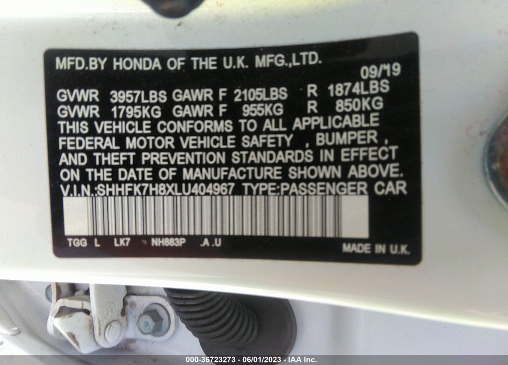2020 HONDA CIVIC EX-L VIN: SHHFK7H8XLU404967