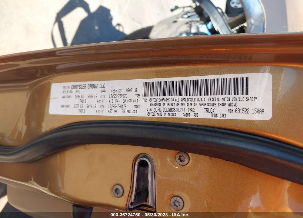 2011 RAM 2500 LAIE VIN: 3D7UT2CLXBG590271