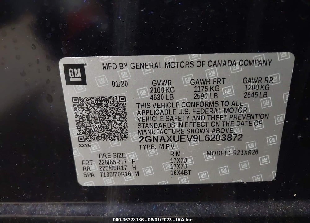 2020 CHEVROLET EQUINOX AWD LT 1.5L TURBO VIN: 2GNAXUEV9L6203872