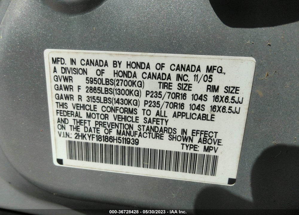 2006 HONDA PILOT LX VIN: 2HKYF18186H511939