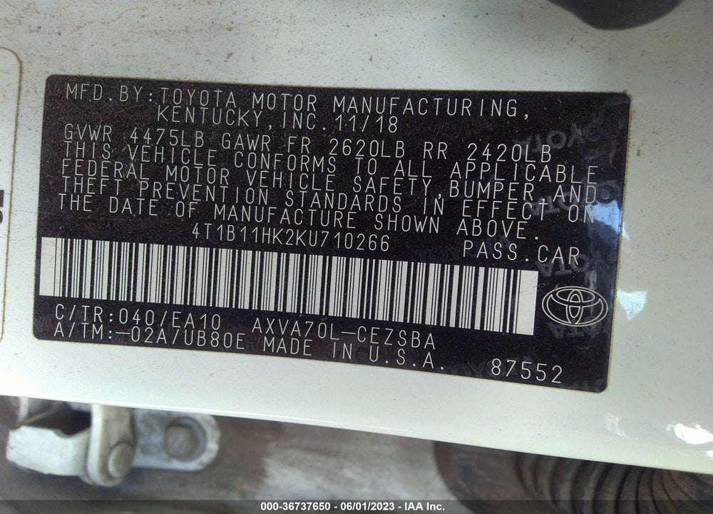 2019 TOYOTA CAMRY XLE/SE/L/LE VIN: 4T1B11HK2KU710266