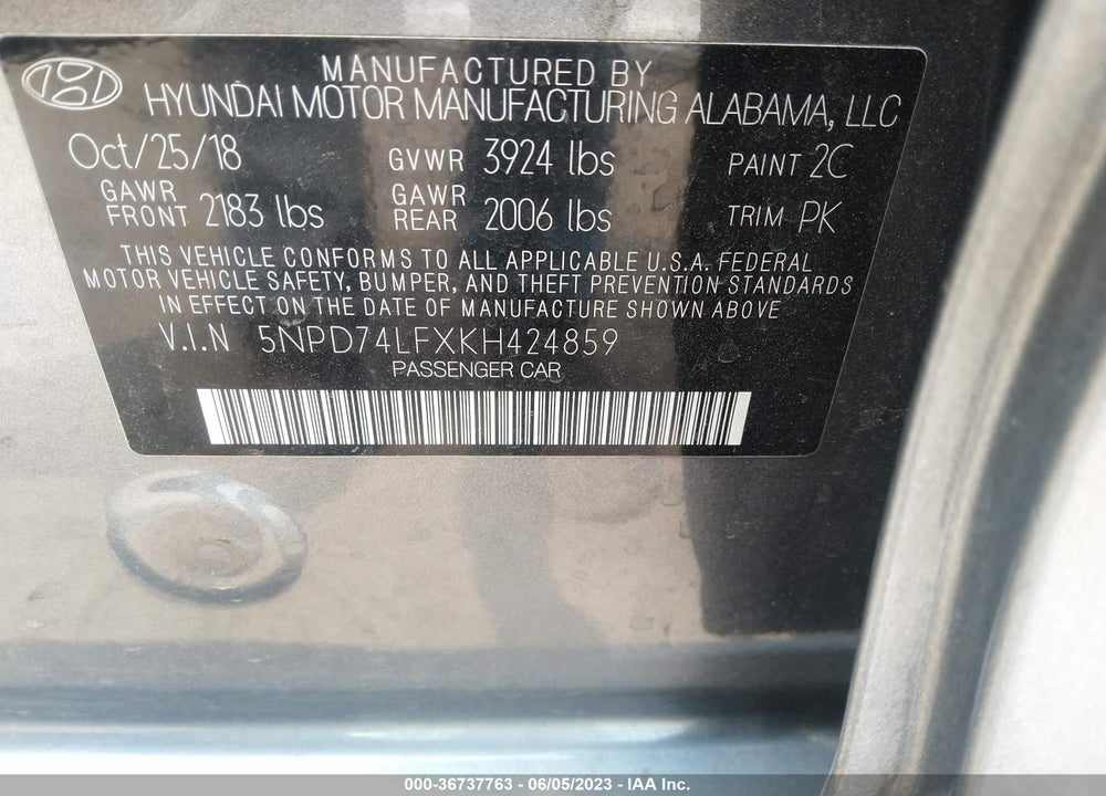 2019 HYUNDAI ELANTRA SE VIN: 5NPD74LFXKH424859