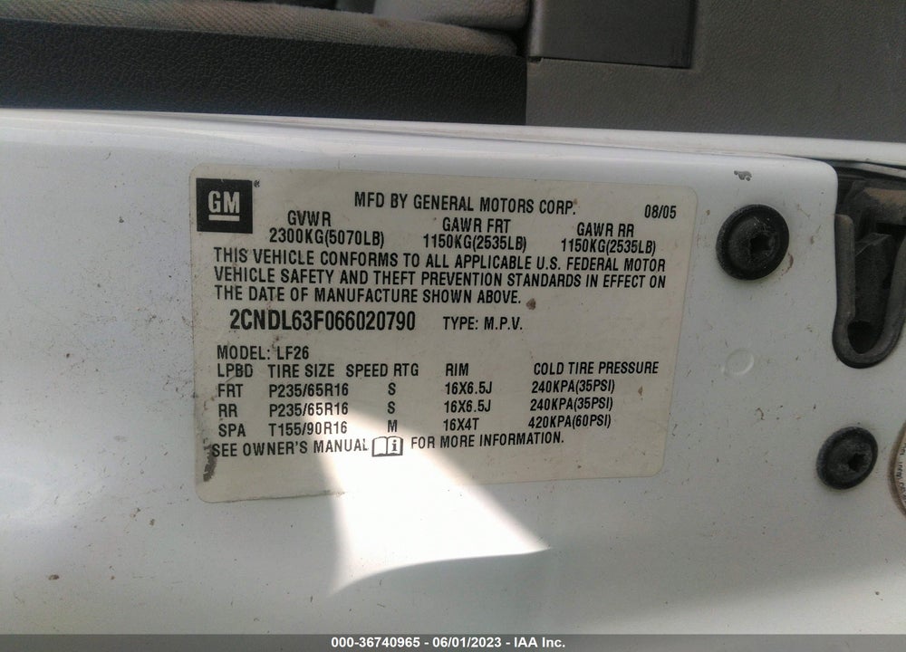 2006 CHEVROLET EQUINOX LT VIN: 2CNDL63F066020790