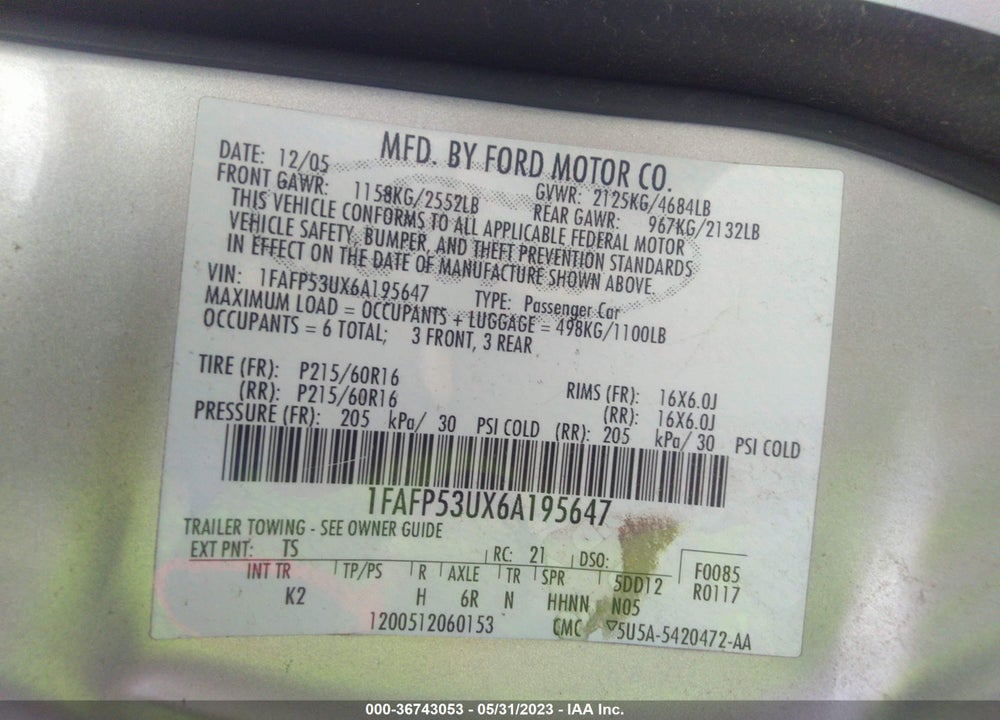2006 FORD TAURUS VIN: 1FAFP53UX6A195647