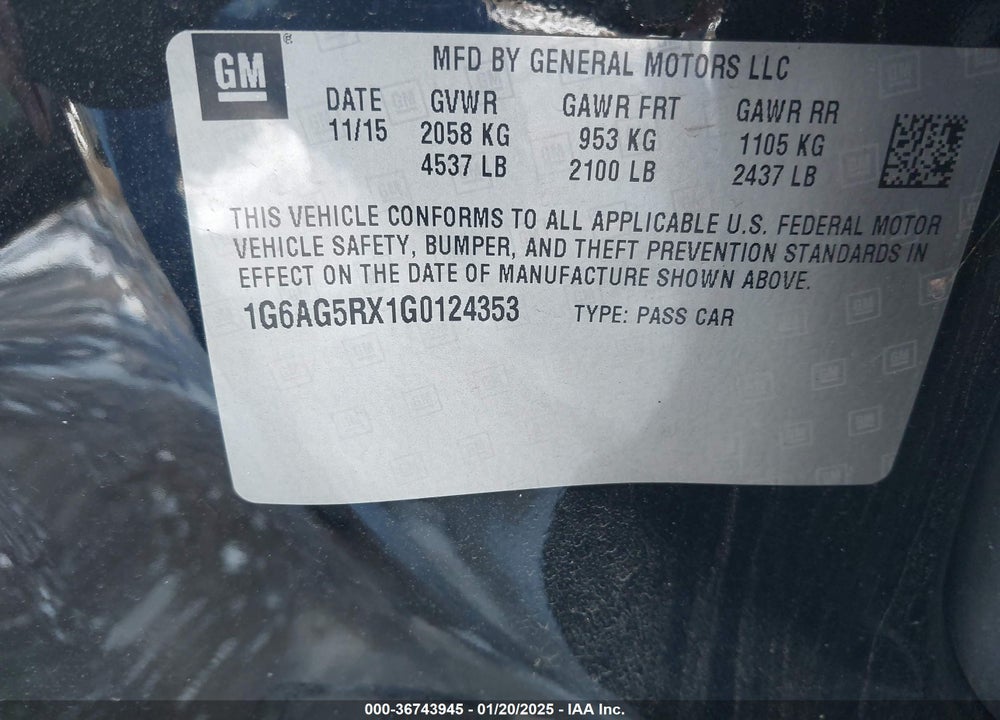 2016 CADILLAC ATS VIN: 1G6AG5RX1G0124353