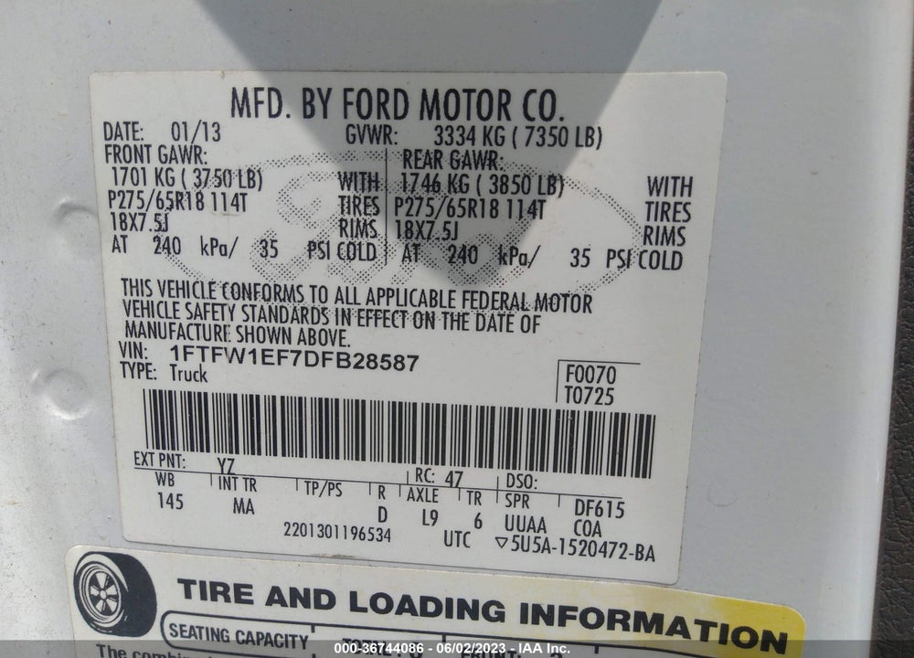 2013 FORD F-150 XLT VIN: 1FTFW1EF7DFB28587