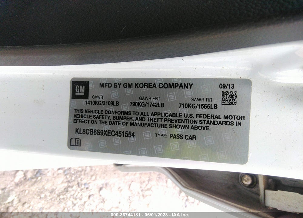 2014 CHEVROLET SPARK VIN: KL8CB6S9XEC451554