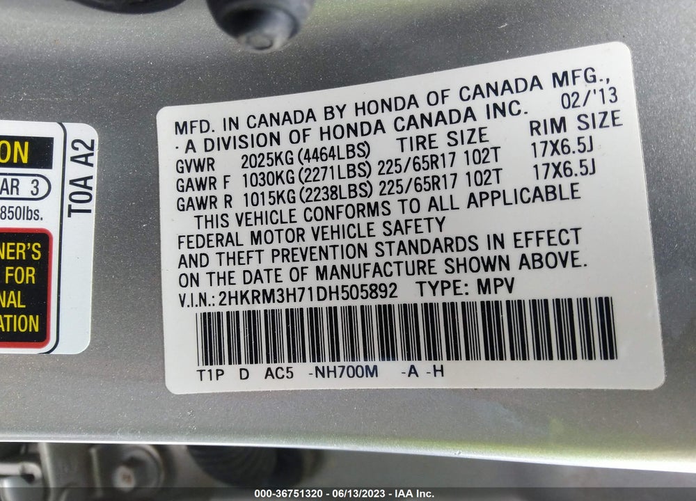 2013 HONDA CR-V EX-L VIN: 2HKRM3H71DH505892