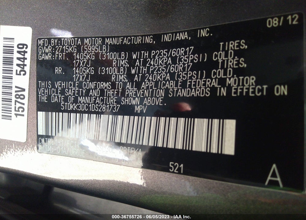 2013 TOYOTA SIENNA LE V6 8 PASSENGER VIN: 5TDKK3DC1DS281737