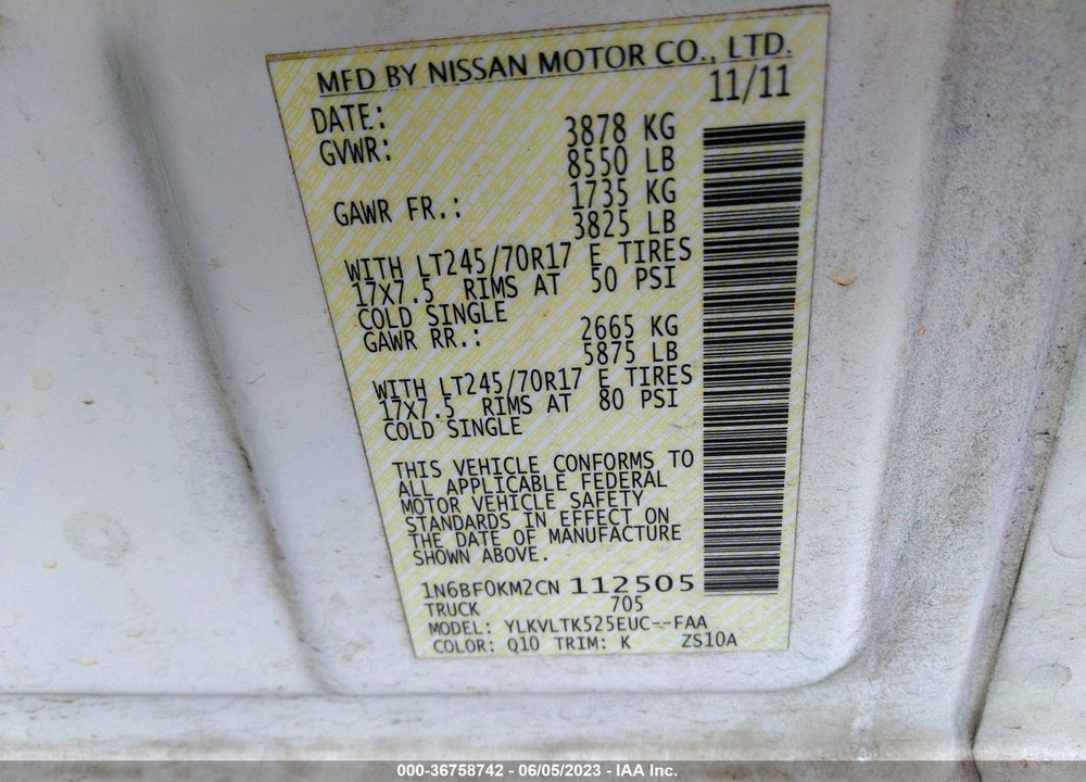 2012 NISSAN NV 1500 NV1500 SV V6 VIN: 1N6BF0KM2CN112505