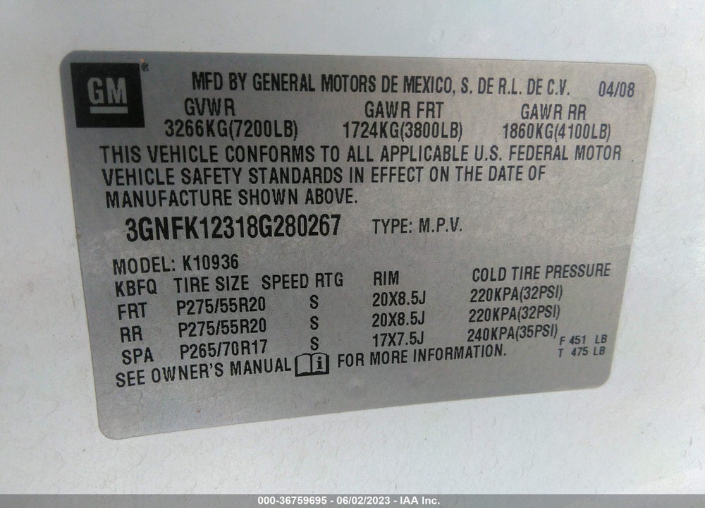 2008 CHEVROLET AVALANCHE VIN: 3GNFK12318G280267