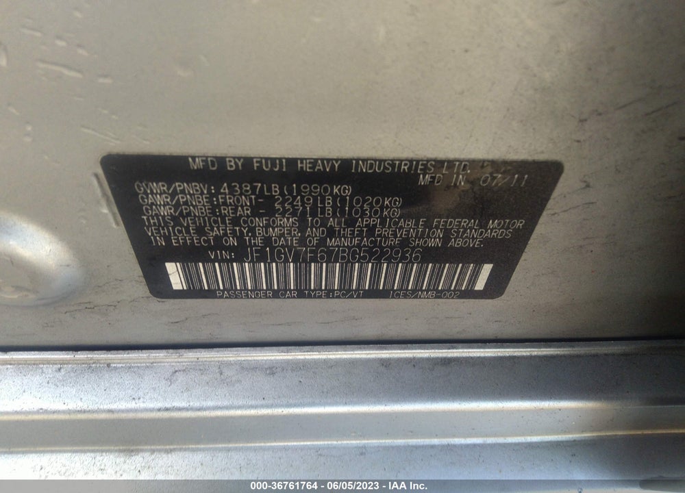 2011 SUBARU IMPREZA WRX LIMITED VIN: JF1GV7F67BG522936