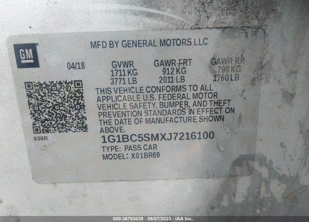2018 CHEVROLET CRUZE LS AUTO VIN: 1G1BC5SMXJ7216100