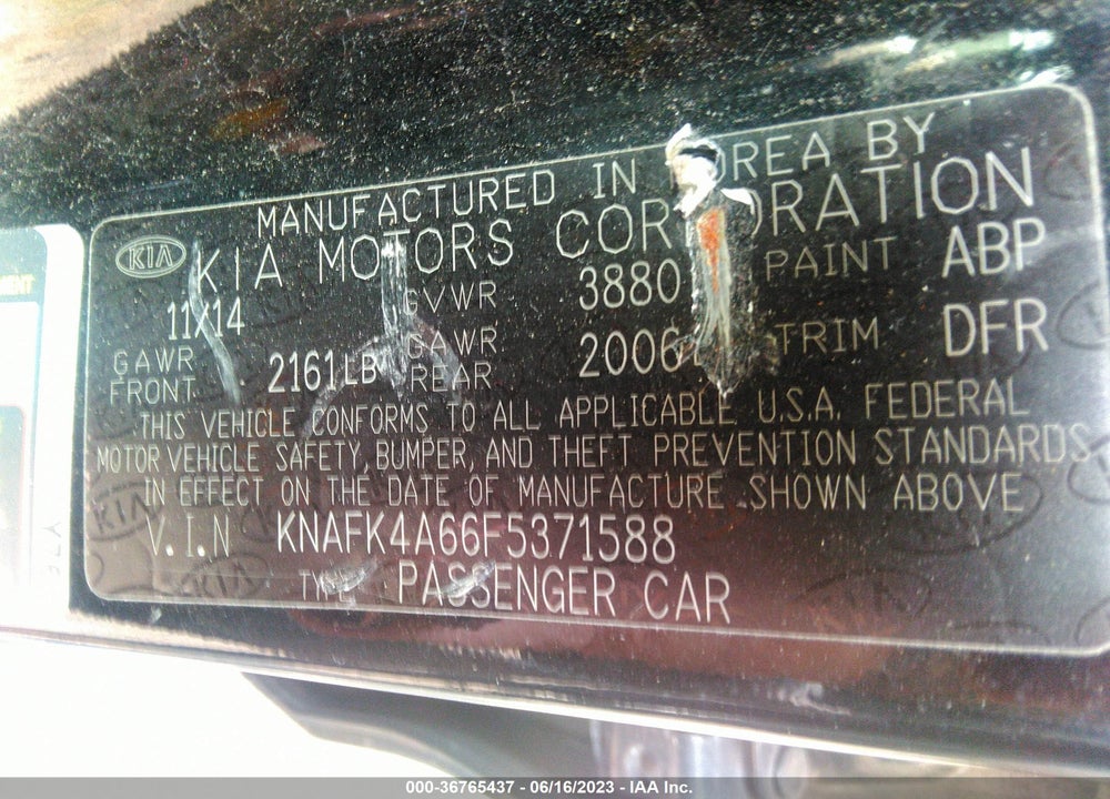 2015 KIA FORTE LX VIN: KNAFK4A66F5371588