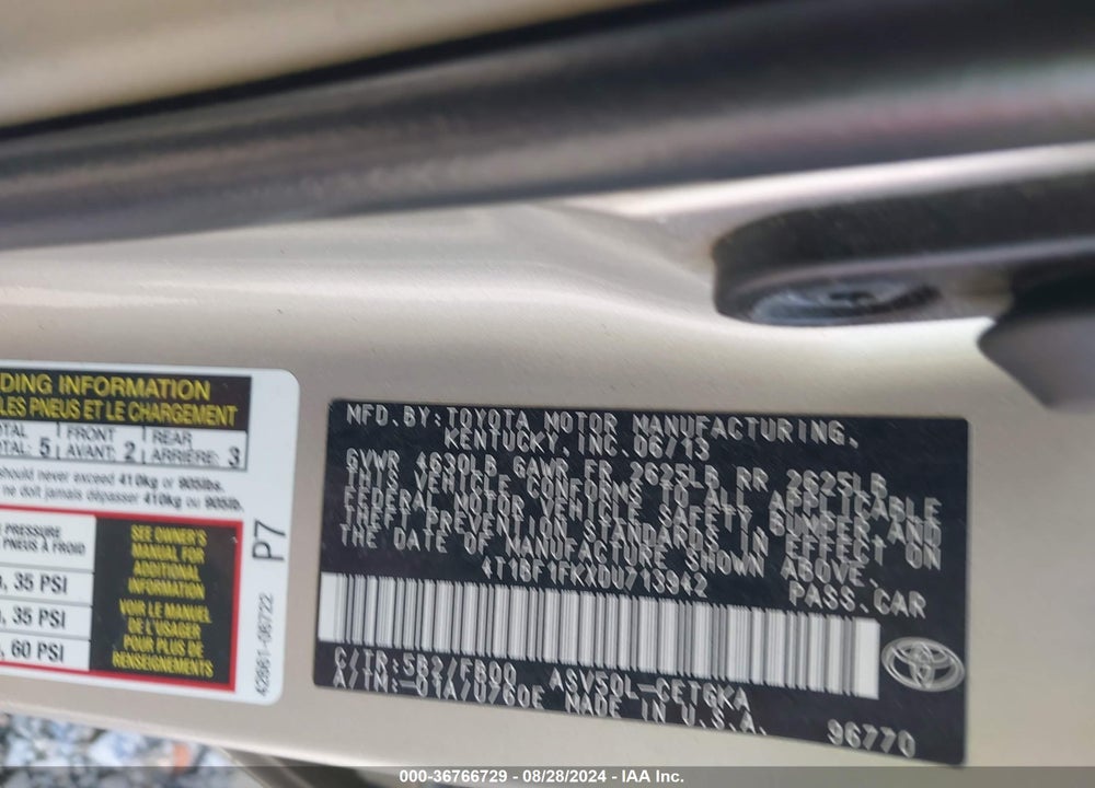 2013 TOYOTA CAMRY VIN: 4T1BF1FKXDU713942