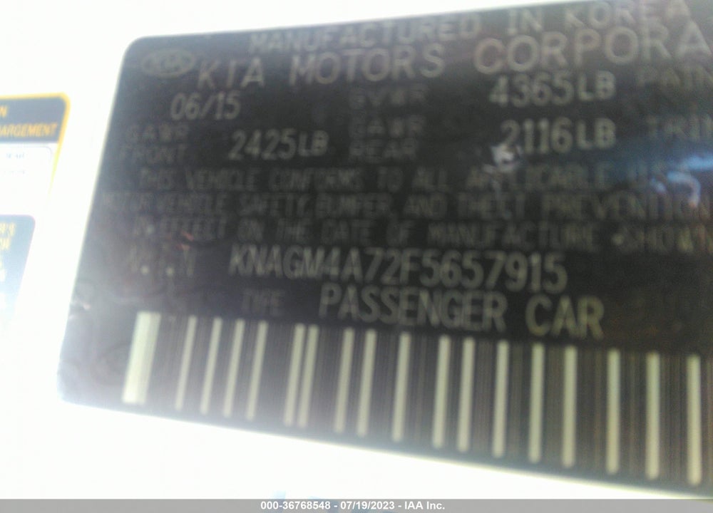 2015 KIA OPTIMA LX VIN: KNAGM4A72F5657915