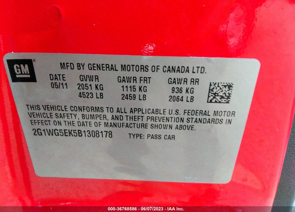 2011 CHEVROLET IMPALA LT VIN: 2G1WG5EK5B1308178