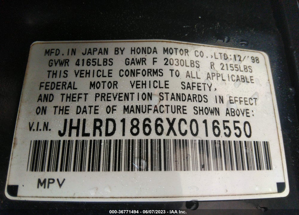 1999 HONDA CR-V EX VIN: JHLRD1866XC016550