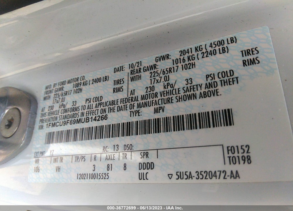 2021 FORD ESCAPE VIN: 1FMCU9F69MUB14266