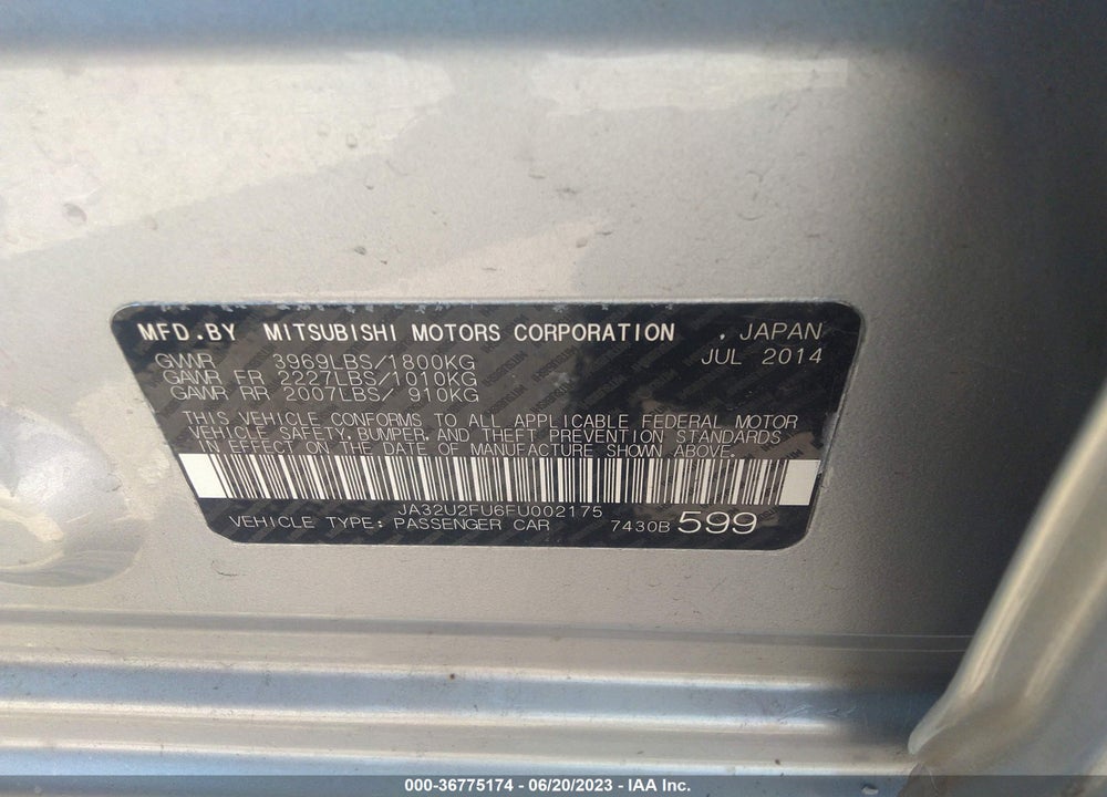 2015 MITSUBISHI LANCER ES VIN: JA32U2FU6FU002175