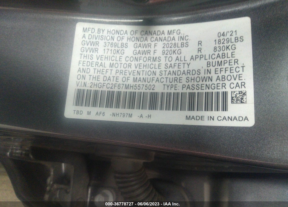 2021 HONDA CIVIC LX VIN: 2HGFC2F67MH557502