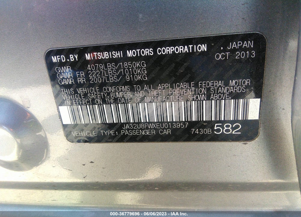 2014 MITSUBISHI LANCER GT VIN: JA32U8FWXEU013957