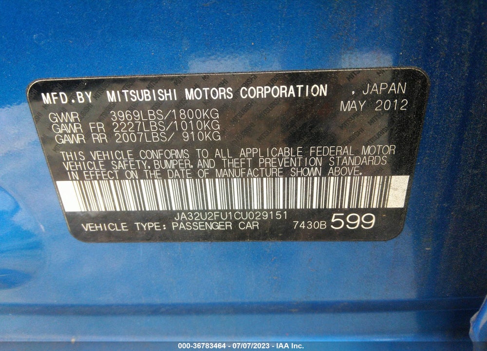 2012 MITSUBISHI LANCER ES VIN: JA32U2FU1CU029151