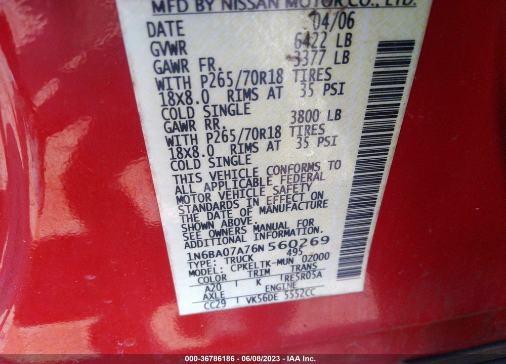 2006 NISSAN TITAN VIN: 1N6BA07A76N560269