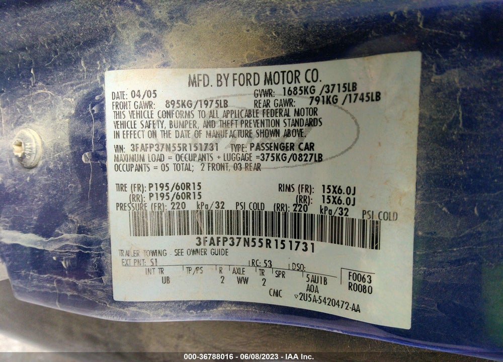 2005 FORD FOCUS ZX5 VIN: 3FAFP37N55R151731