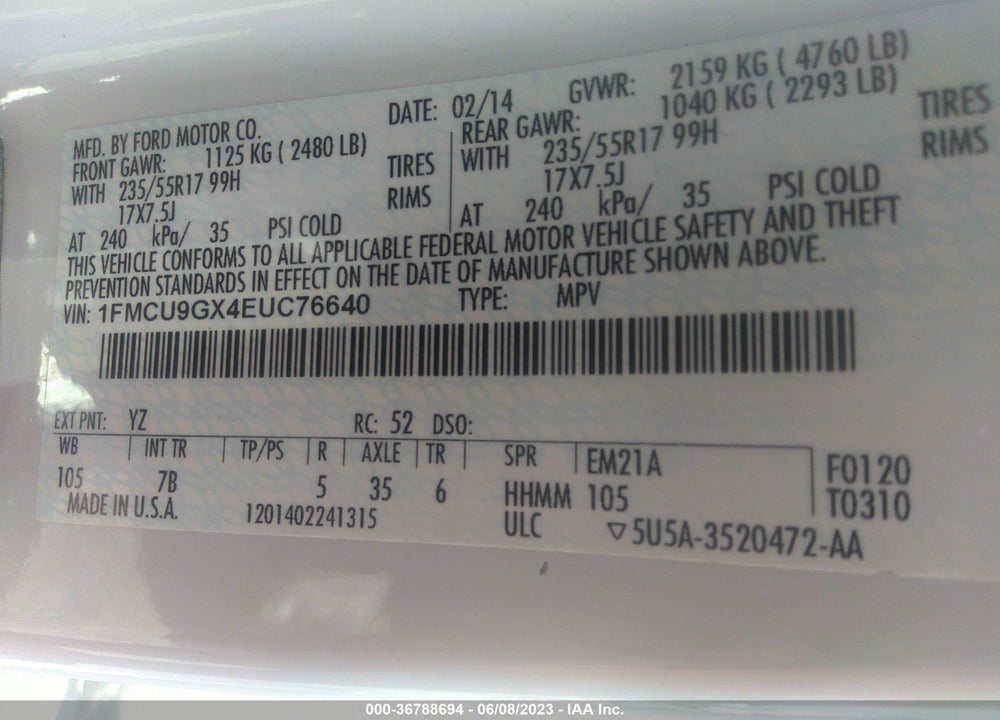 2014 FORD ESCAPE SE VIN: 1FMCU9GX4EUC76640