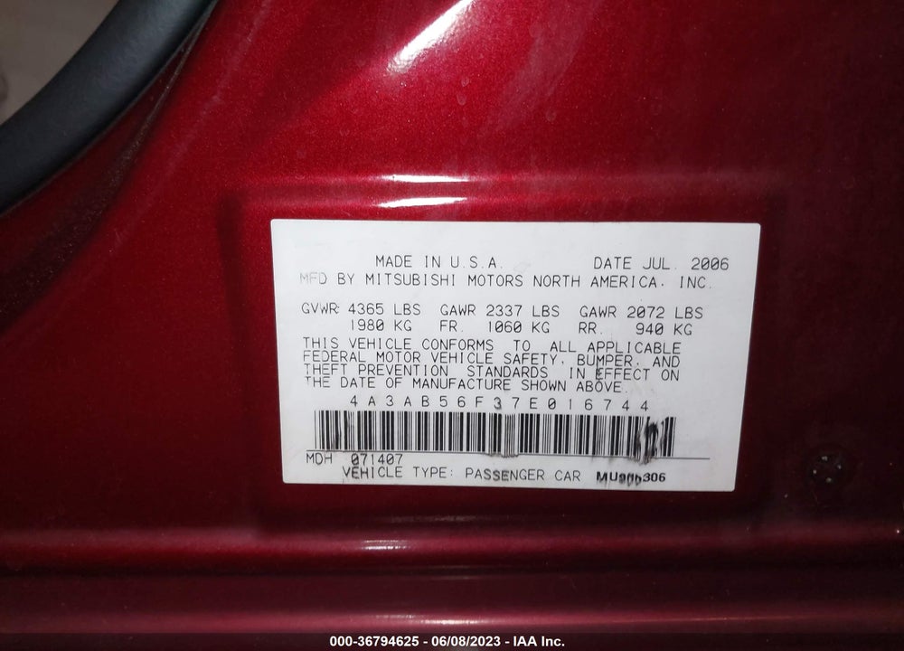 2007 MITSUBISHI GALANT ES VIN: 4A3AB56F37E016744