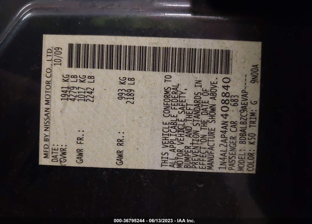 2010 NISSAN ALTIMA 2.5 S VIN: 1N4AL2AP4AN408840