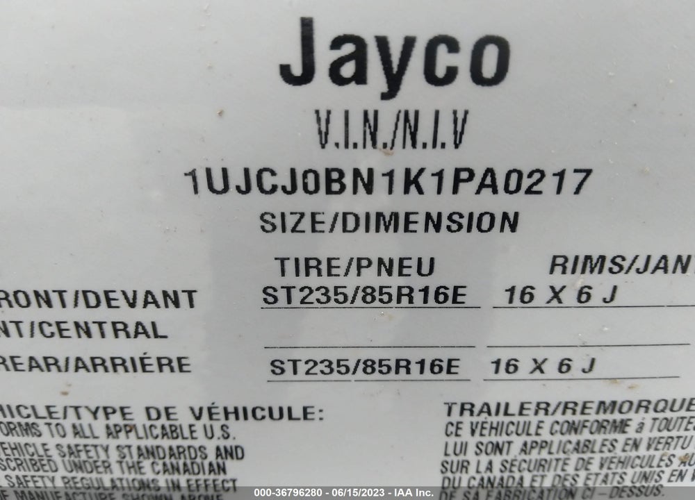 2019 JAYCO OTHER VIN: 1UJCJ0BN1K1PA0217