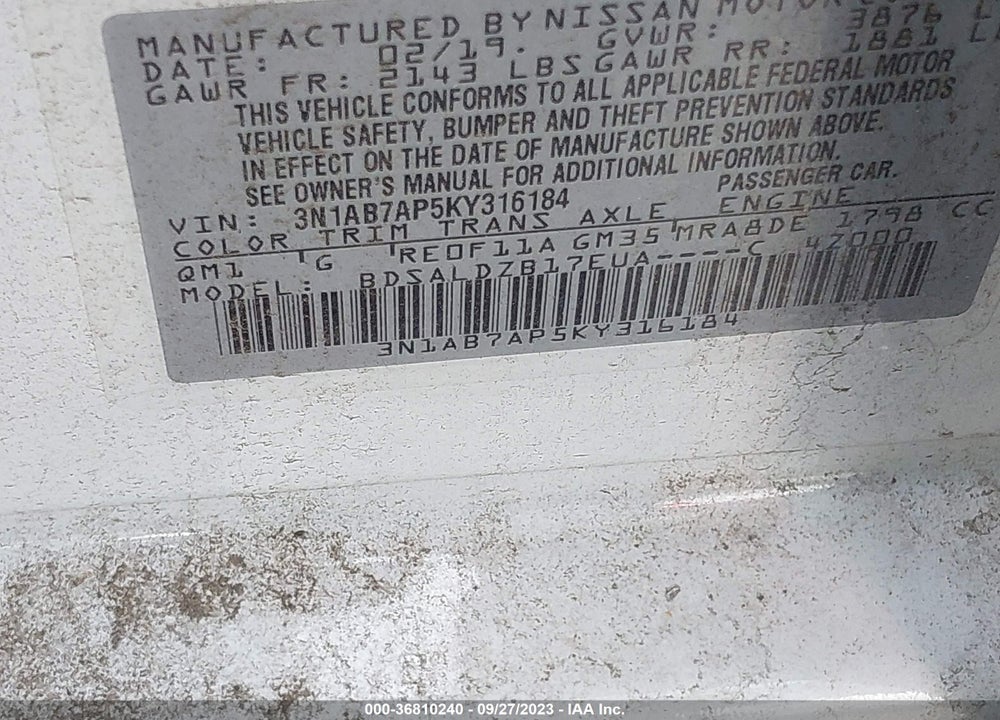 2019 NISSAN SENTRA VIN: 3N1AB7AP5KY316184