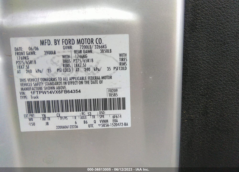2006 FORD F-150 VIN: 1FTPW14VX6FB64354