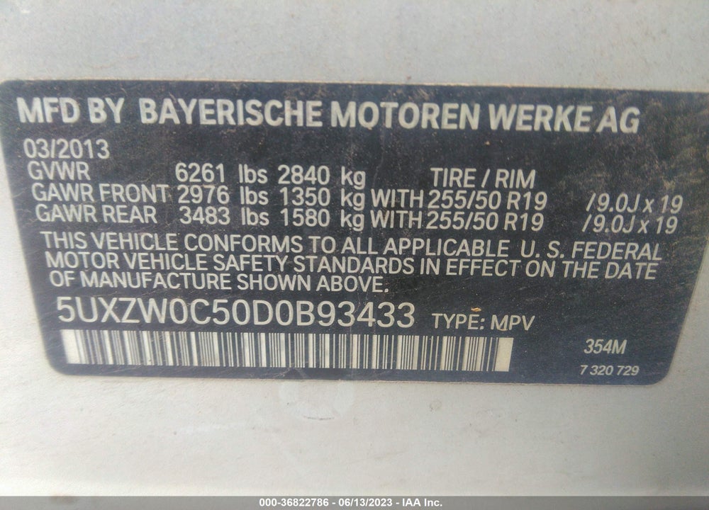 2013 BMW X5 XDRIVE35D VIN: 5UXZW0C50D0B93433