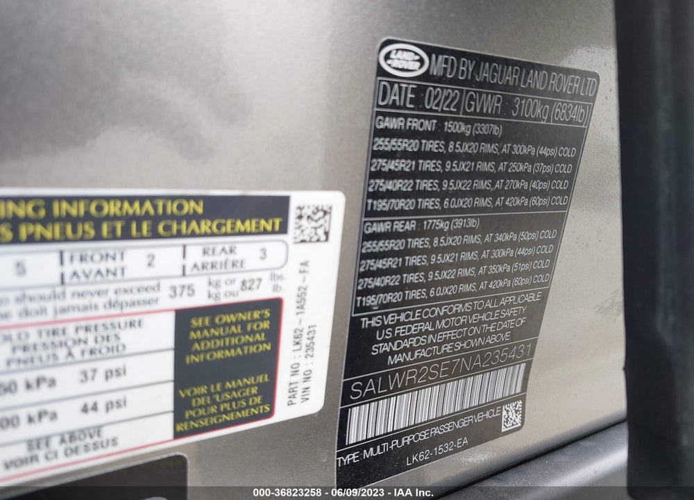 2022 LAND ROVER RANGE ROVER SPORT HSE DYNAMIC VIN: SALWR2SE7NA235431
