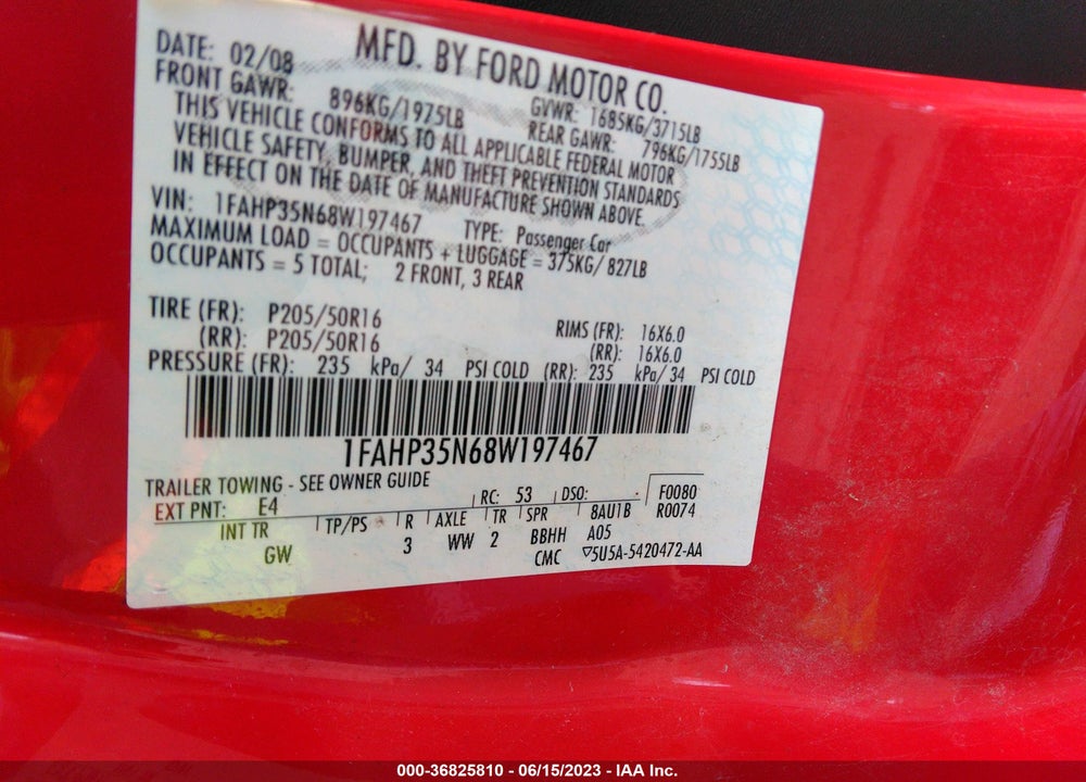2008 FORD FOCUS SE/SES VIN: 1FAHP35N68W197467