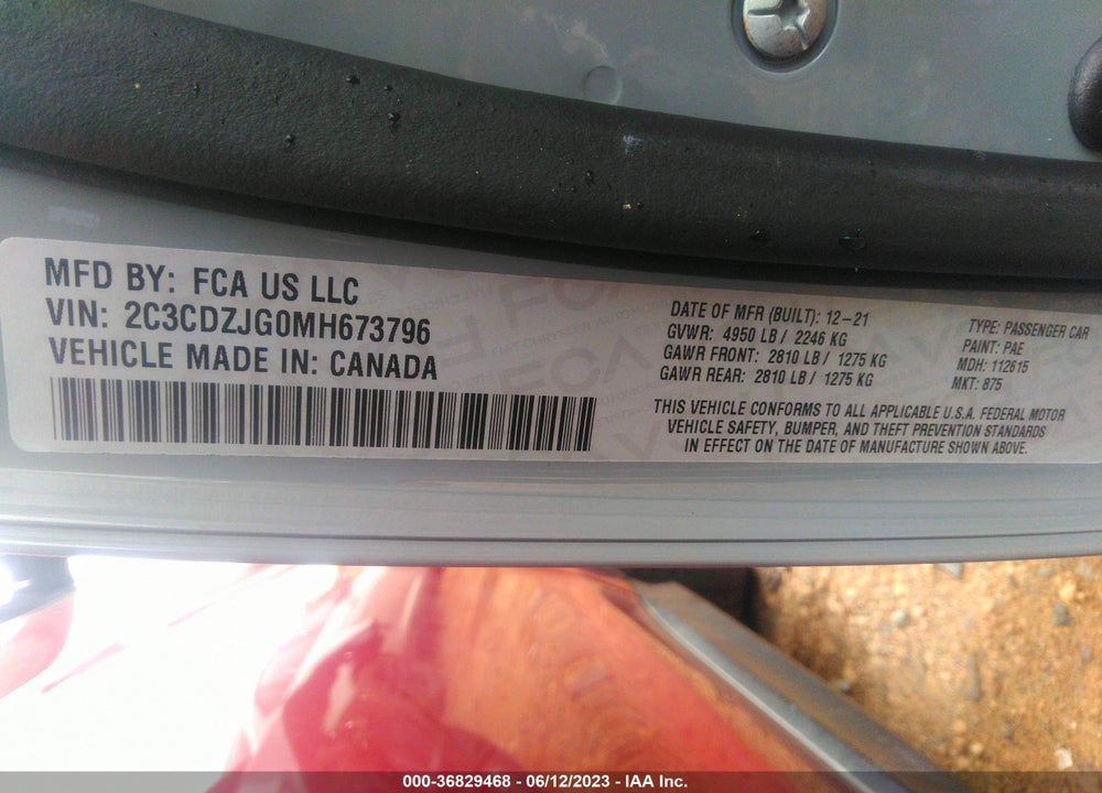 2021 DODGE CHALLENGER VIN: 2C3CDZJG0MH673796