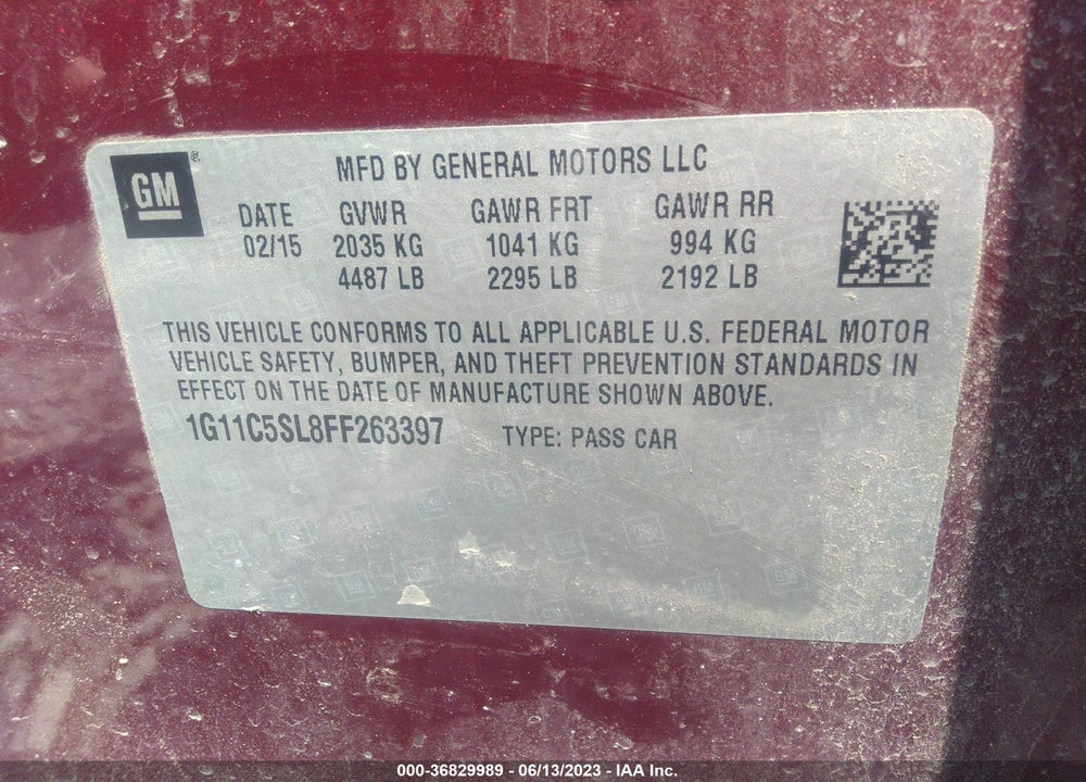 2015 CHEVROLET MALIBU 1LT VIN: 1G11C5SL8FF263397